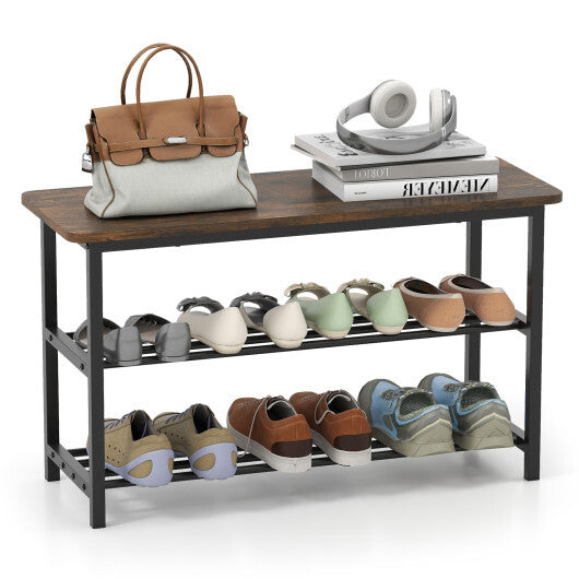 3-Tier Shoe Rack Shoe Bench with Metal Slat Shelves and Long Wooden Seat-Rustic Brown LuxuryLifeWay Online Store