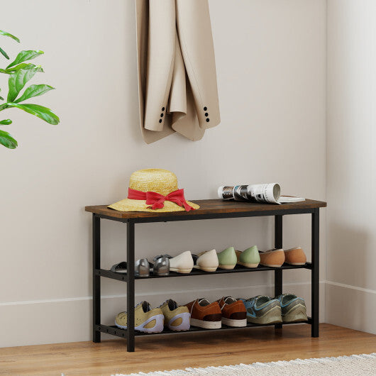 3-Tier Shoe Rack Shoe Bench with Metal Slat Shelves and Long Wooden Seat-Rustic Brown LuxuryLifeWay Online Store