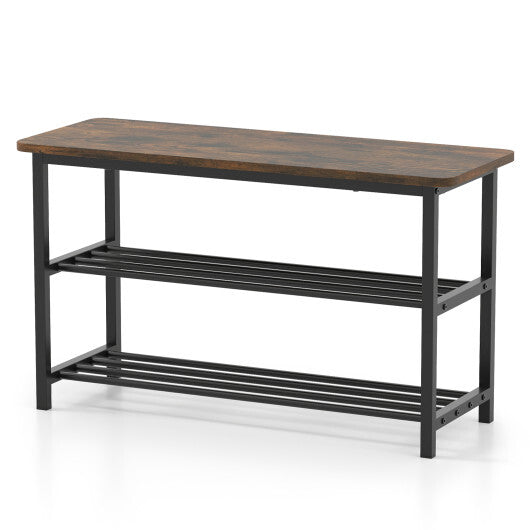3-Tier Shoe Rack Shoe Bench with Metal Slat Shelves and Long Wooden Seat-Rustic Brown LuxuryLifeWay Online Store