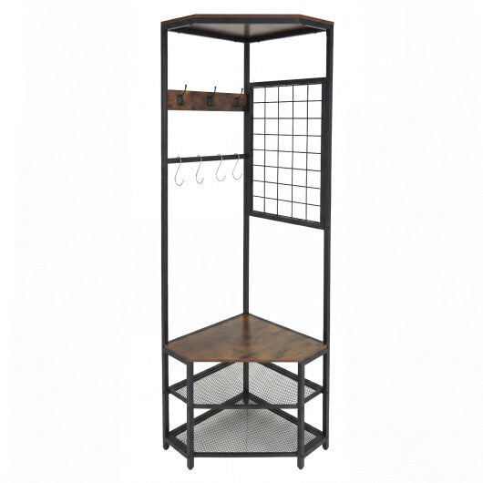 Corner Hall Tree Freestanding Coat Rack with Storage Shelves Removable Hooks-Brown