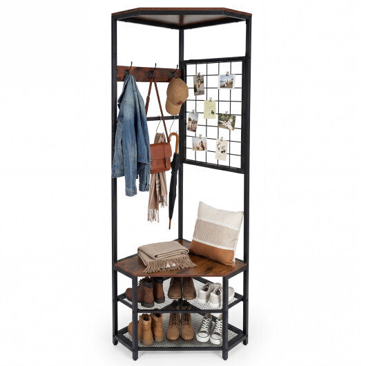 Corner Hall Tree Freestanding Coat Rack with Storage Shelves Removable Hooks-Brown