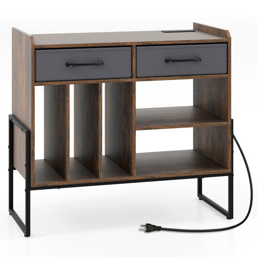 Large Record Player Stand with Charging Station Mid Century Modern Vinyl Storage Cabinet-Rustic Brown LuxuryLifeWay Online Store