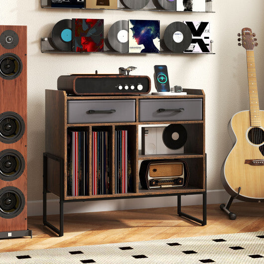 Large Record Player Stand with Charging Station Mid Century Modern Vinyl Storage Cabinet-Rustic Brown LuxuryLifeWay Online Store