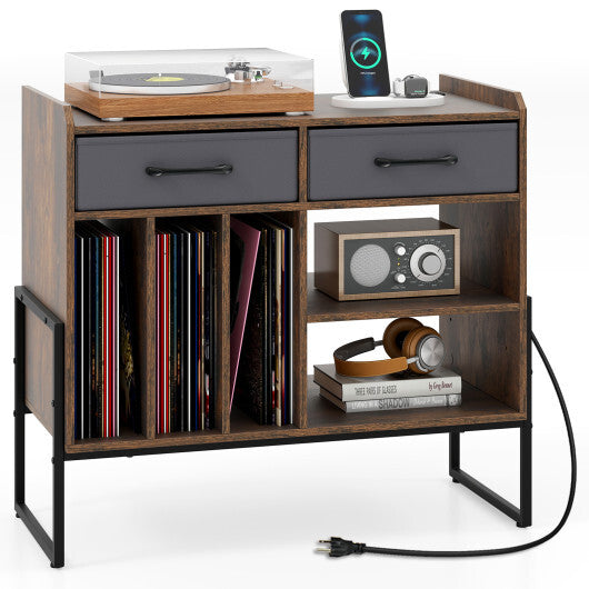 Large Record Player Stand with Charging Station Mid Century Modern Vinyl Storage Cabinet-Rustic Brown LuxuryLifeWay Online Store