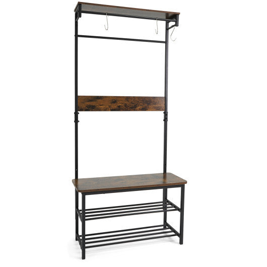 Coat Rack 4-In-1 Hall Tree with Shoe Bench and Removable Hooks-Coffee LuxuryLifeWay Online Store