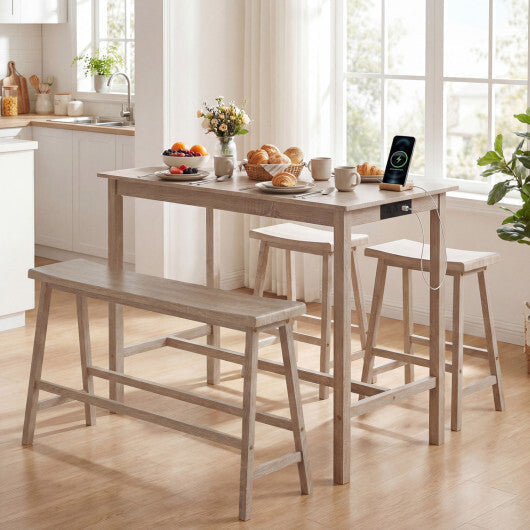 4-Piece Counter Height Dining Table Set with Power Outlet Solid Rubber Wood Kitchen Table-Gray LuxuryLifeWay Online Store