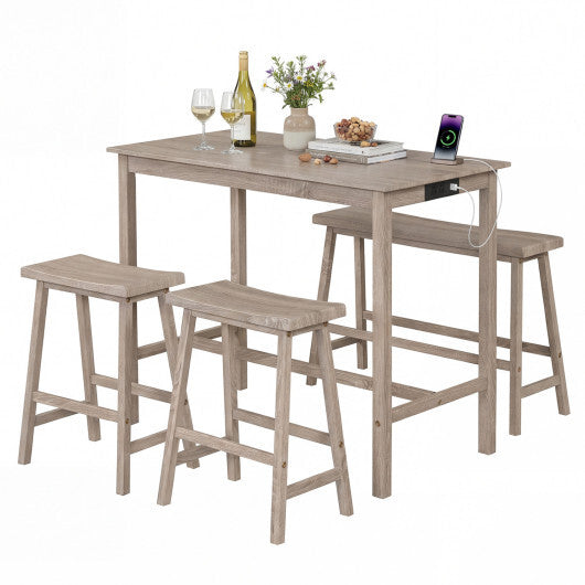 4-Piece Counter Height Dining Table Set with Power Outlet Solid Rubber Wood Kitchen Table-Gray LuxuryLifeWay Online Store