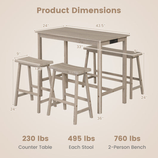 4-Piece Counter Height Dining Table Set with Power Outlet Solid Rubber Wood Kitchen Table-Gray LuxuryLifeWay Online Store