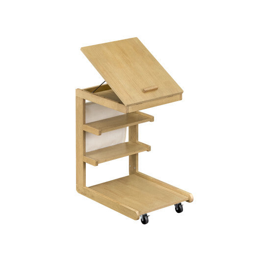 C-shaped End Table with Wheels and Adjustable Desktop for Sofa Couch Bedside-Natural LuxuryLifeWay Online Store