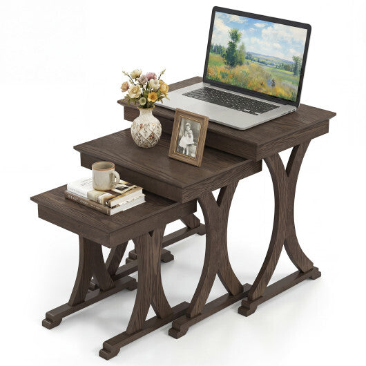 3 Pieces Nesting Coffee Table Side Table with Solid Rubber Wood Legs-Brown LuxuryLifeWay Online Store