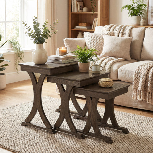 3 Pieces Nesting Coffee Table Side Table with Solid Rubber Wood Legs-Brown LuxuryLifeWay Online Store