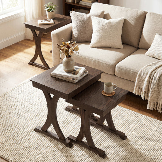 3 Pieces Nesting Coffee Table Side Table with Solid Rubber Wood Legs-Brown LuxuryLifeWay Online Store