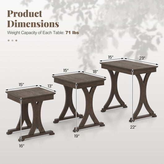 3 Pieces Nesting Coffee Table Side Table with Solid Rubber Wood Legs-Brown LuxuryLifeWay Online Store