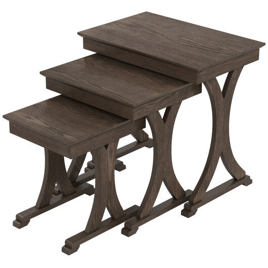 3 Pieces Nesting Coffee Table Side Table with Solid Rubber Wood Legs-Brown LuxuryLifeWay Online Store