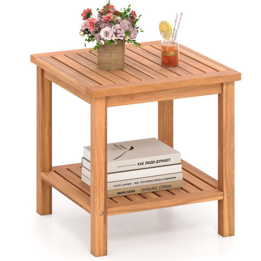 Patio Acacia Wood Side Table with Slatted Tabletop and Storage Shelf LuxuryLifeWay Online Store