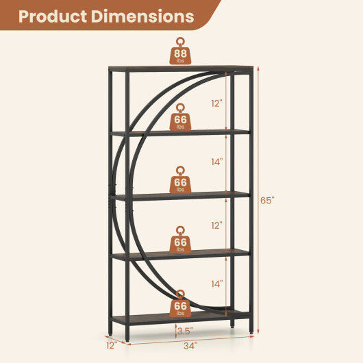 5-Tier Bookshelf with Half-Moon Shape for Living Room and Home Office-Rustic Brown LuxuryLifeWay Online Store