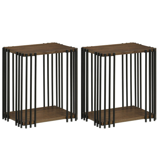 Rubber Wood Side Table Set of 2 with 2-Layer Storage Shelves and Metal Frame-Walnut LuxuryLifeWay Online Store