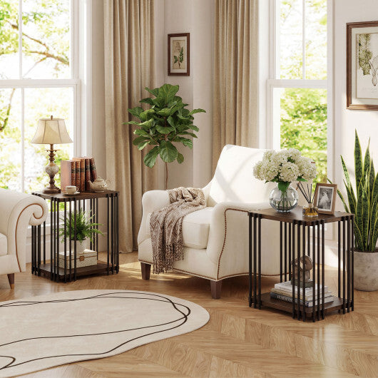 Rubber Wood Side Table Set of 2 with 2-Layer Storage Shelves and Metal Frame-Walnut LuxuryLifeWay Online Store