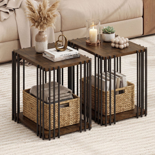 Rubber Wood Side Table Set of 2 with 2-Layer Storage Shelves and Metal Frame-Walnut LuxuryLifeWay Online Store