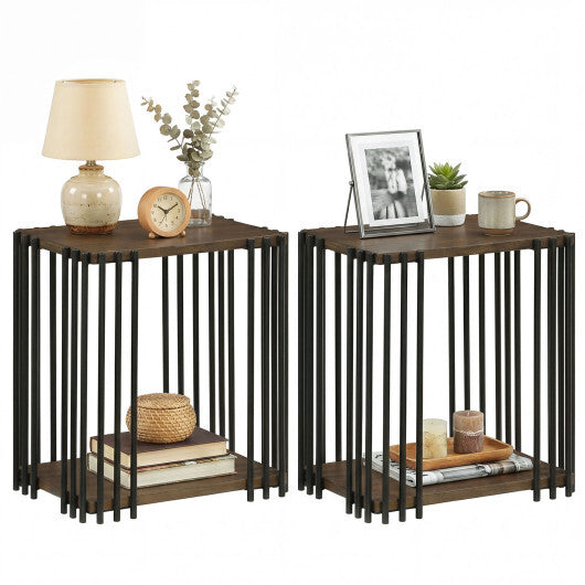 Rubber Wood Side Table Set of 2 with 2-Layer Storage Shelves and Metal Frame-Walnut LuxuryLifeWay Online Store