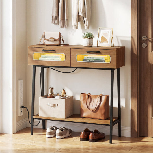 Console Table with LED Lights and Open Shelf for Hallway Entrance-Natural