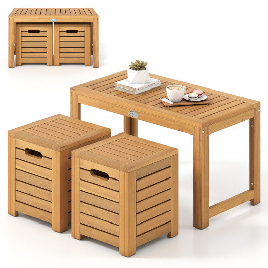 Acacia Wood Outdoor Coffee Table with Stools Set of 2 3 Pieces Patio Table and Stools Set LuxuryLifeWay Online Store