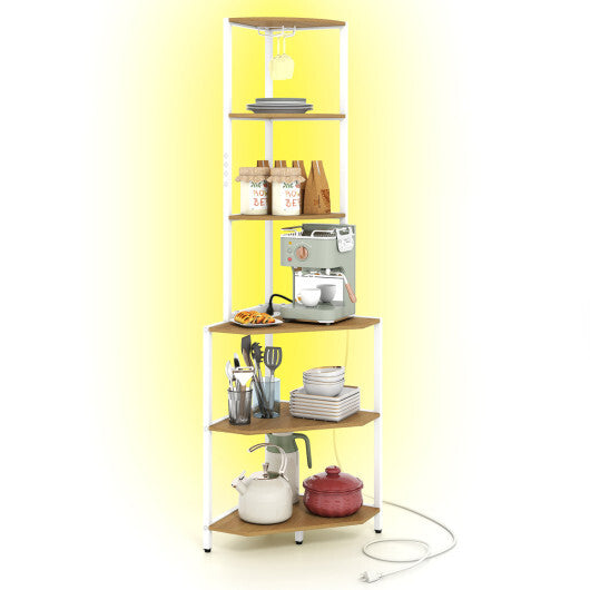 65 Inch 6-Tier Corner Shelf with Charging Station and Ambience Light-Natural LuxuryLifeWay Online Store