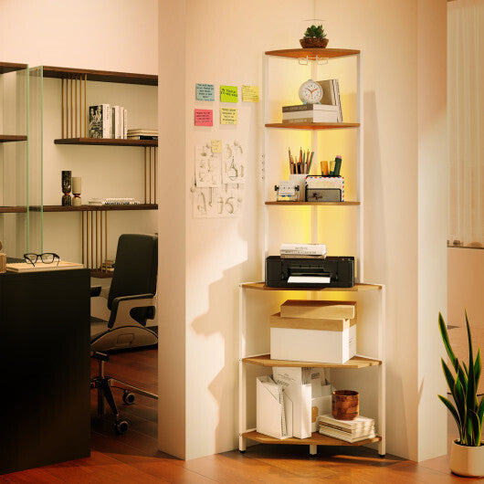65 Inch 6-Tier Corner Shelf with Charging Station and Ambience Light-Natural LuxuryLifeWay Online Store