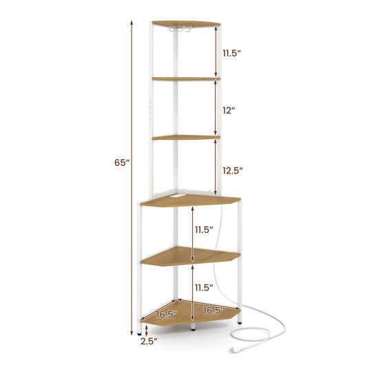 65 Inch 6-Tier Corner Shelf with Charging Station and Ambience Light-Natural LuxuryLifeWay Online Store