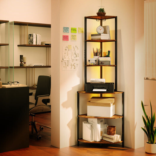 65 Inch 6-Tier Corner Shelf with Charging Station and Ambience Light-Natural LuxuryLifeWay Online Store
