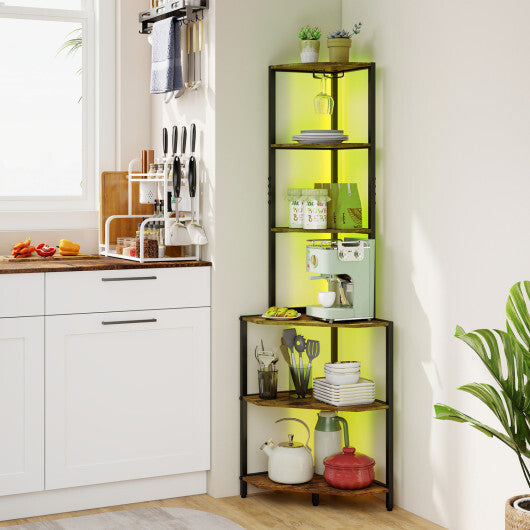 65 Inch 6-Tier Corner Shelf with Charging Station and Ambience Light-Natural LuxuryLifeWay Online Store