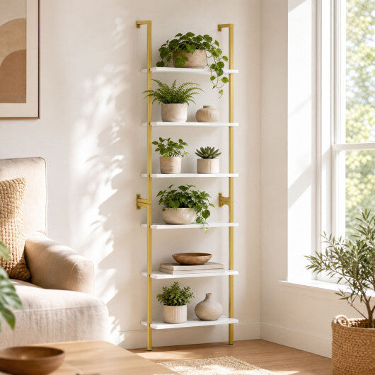 6-Tier Freestanding ladder Storage bookshelf with Metal Frame for Study and Pantry-White LuxuryLifeWay Online Store