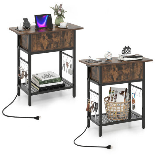 Set of 2 End Table with Charging Station and Hidden Compartment-Natural