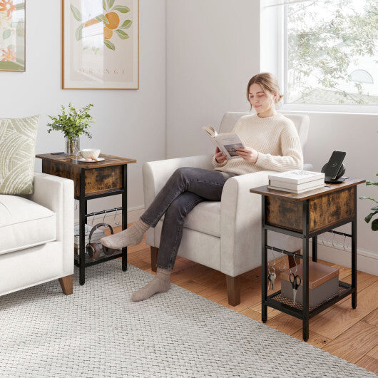 Set of 2 End Table with Charging Station and Hidden Compartment-Natural
