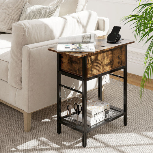Set of 2 End Table with Charging Station and Hidden Compartment-Natural