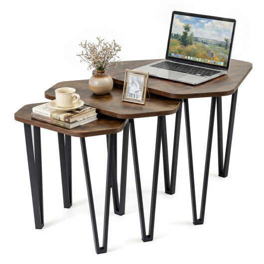 Set of 3 Nesting Coffee Tables with Engineered Wood Top and Metal Frame for Living Room-Rustic Brown LuxuryLifeWay Online Store