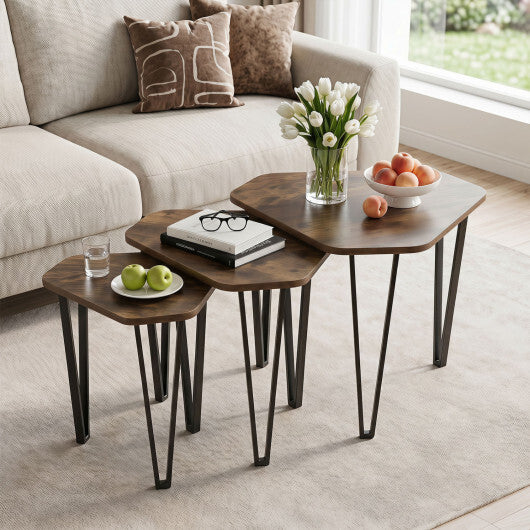 Set of 3 Nesting Coffee Tables with Engineered Wood Top and Metal Frame for Living Room-Rustic Brown LuxuryLifeWay Online Store