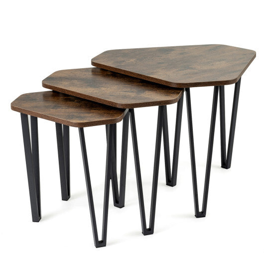 Set of 3 Nesting Coffee Tables with Engineered Wood Top and Metal Frame for Living Room-Rustic Brown LuxuryLifeWay Online Store