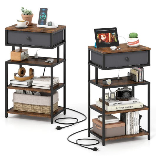 Set of 2 Nightstand with Charging Station 28 Inch Tall Bedside Table with Fabric Drawer-Rustic Brown LuxuryLifeWay Online Store