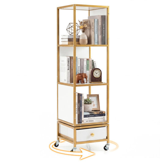 4-Tier Rotating Bookshelf on Wheels with Removable Drawer-White LuxuryLifeWay Online Store