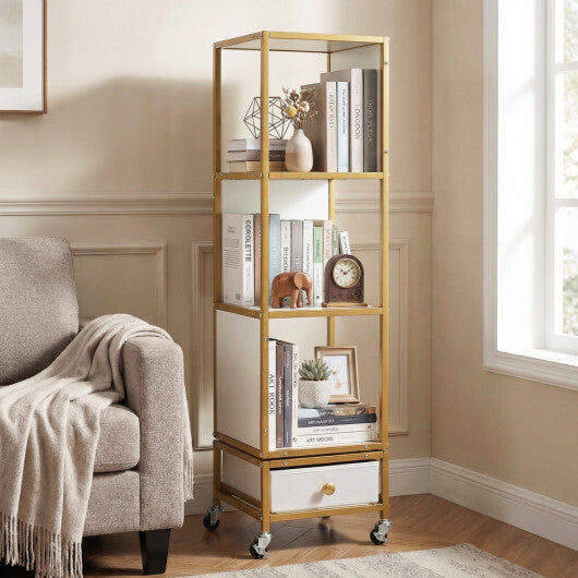 4-Tier Rotating Bookshelf on Wheels with Removable Drawer-White LuxuryLifeWay Online Store