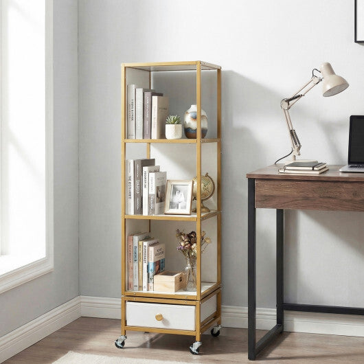 4-Tier Rotating Bookshelf on Wheels with Removable Drawer-White LuxuryLifeWay Online Store