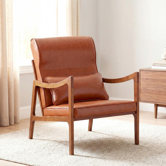 Modern Accent Chair with Solid Rubber Wood Faux Leather Upholstered Armchair-White