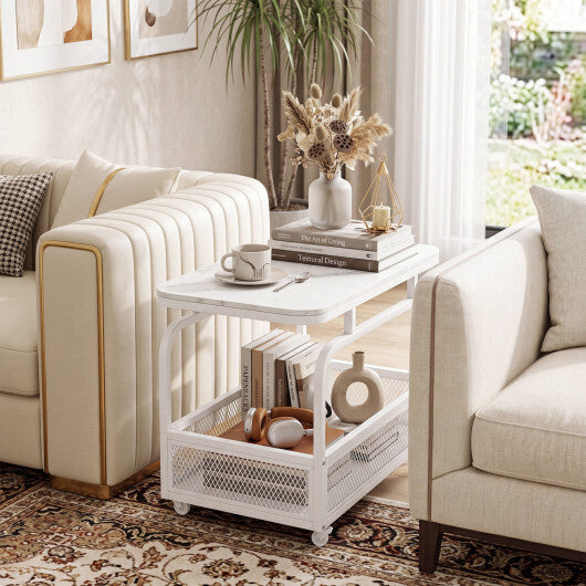 Rolling Side Table 2-Tier Narrow End Table with Mesh Storage Basket-White