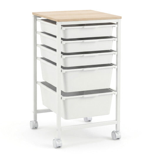 5-Drawer Rolling Storage Cart Mobile Utility Organizer with Wooden Tabletop and Lockable Wheels-White LuxuryLifeWay Online Store