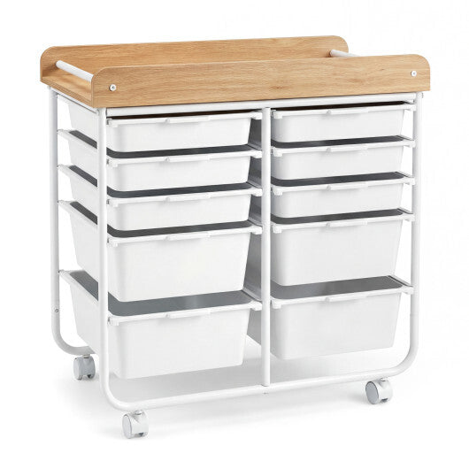 10-Drawer Rolling Cart with Wooden Tabletop and Lockable Wheels for Office-White LuxuryLifeWay Online Store