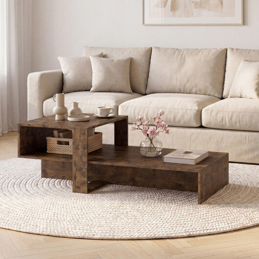 2-Tier Coffee Table Modern Irregular Center Table with Open Storage Shelf-Brown LuxuryLifeWay Online Store