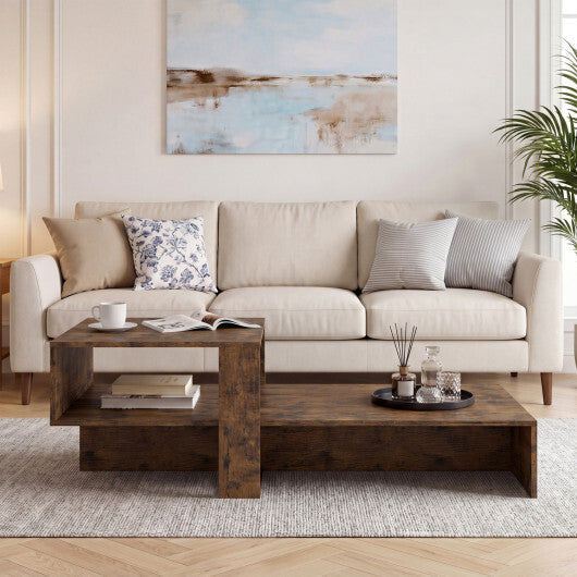 2-Tier Coffee Table Modern Irregular Center Table with Open Storage Shelf-Brown LuxuryLifeWay Online Store