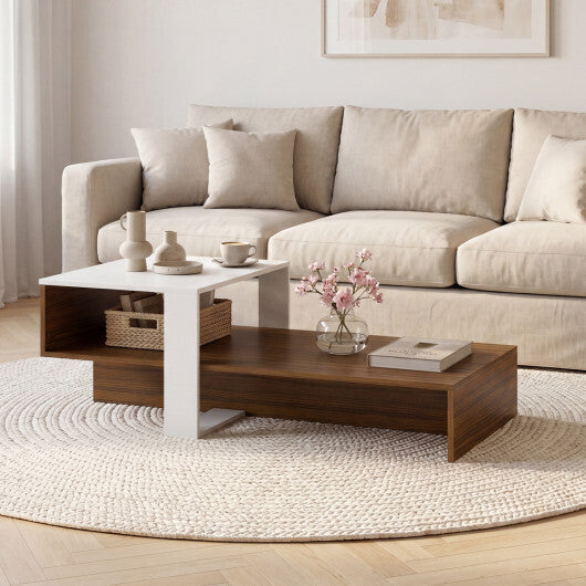 2-Tier Coffee Table Modern Irregular Center Table with Open Storage Shelf-Brown LuxuryLifeWay Online Store