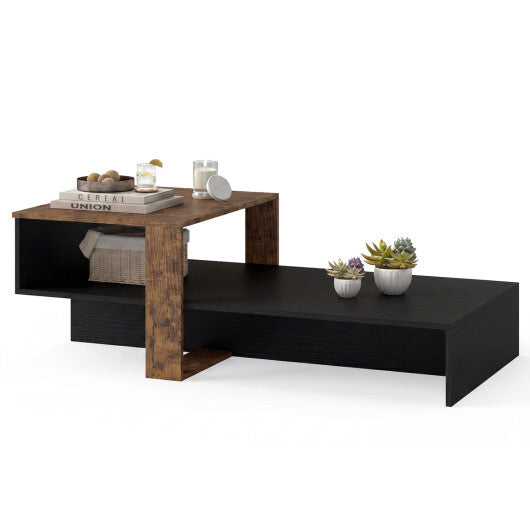 2-Tier Coffee Table Modern Irregular Center Table with Open Storage Shelf-Brown LuxuryLifeWay Online Store